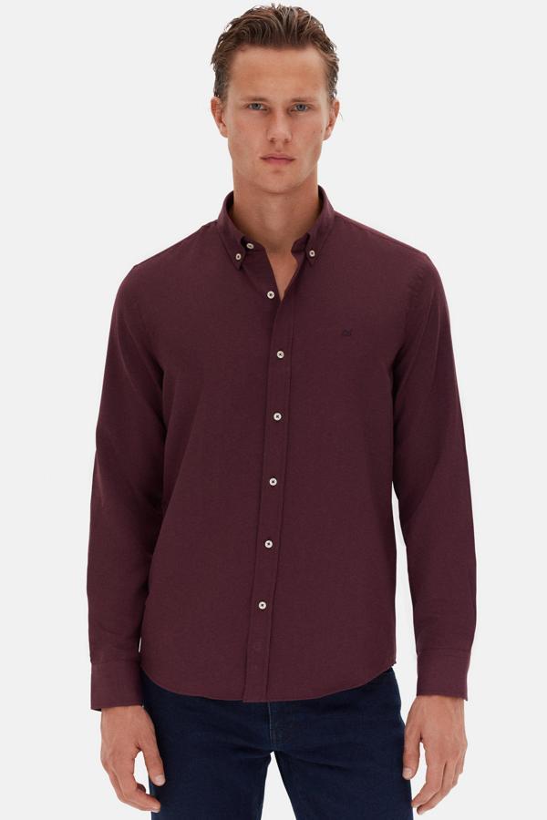 Ds Damat Slim Fit Mürdüm Oxford Düğmeli Yaka Kolay Ütülenebilir Nakış Detaylı Pamuklu Gömlek - Image 1