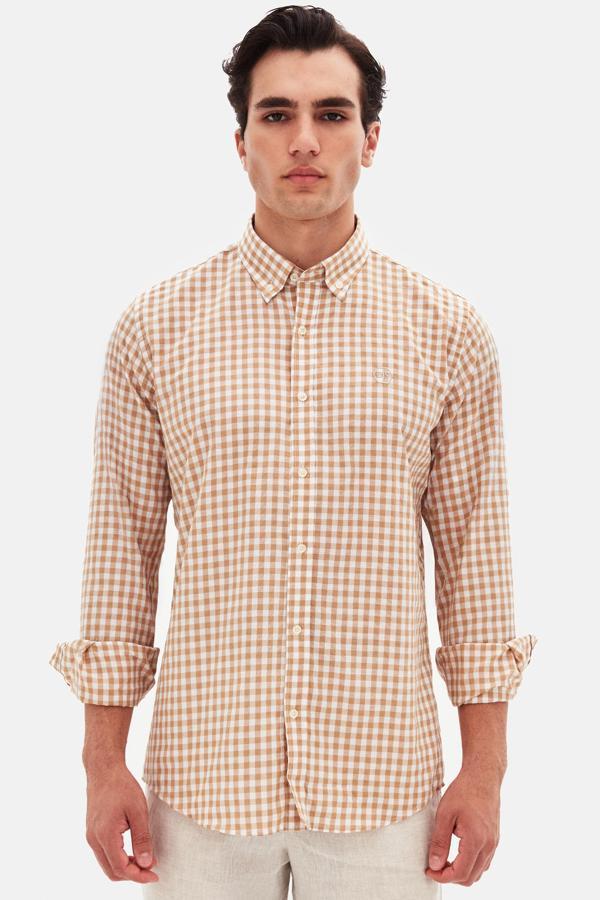 D's Damat Slim Fit Camel Kareli Ekoseli Gömlek - Image 1