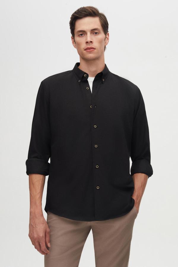 Ds Damat Regular Fit Siyah Düz Kışlık Flanel Gömlek - Image 1