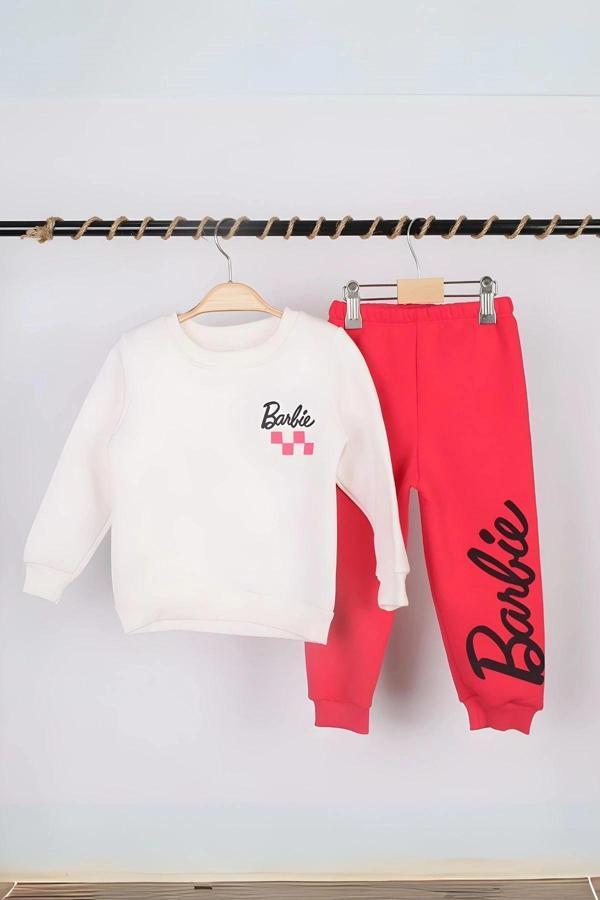 Kız Çocuk Barbie Baskılı Fuşya 3 İplik Şardonlu Kışlık Sweat ve Eşofman Alt Üst Takım - Image 1