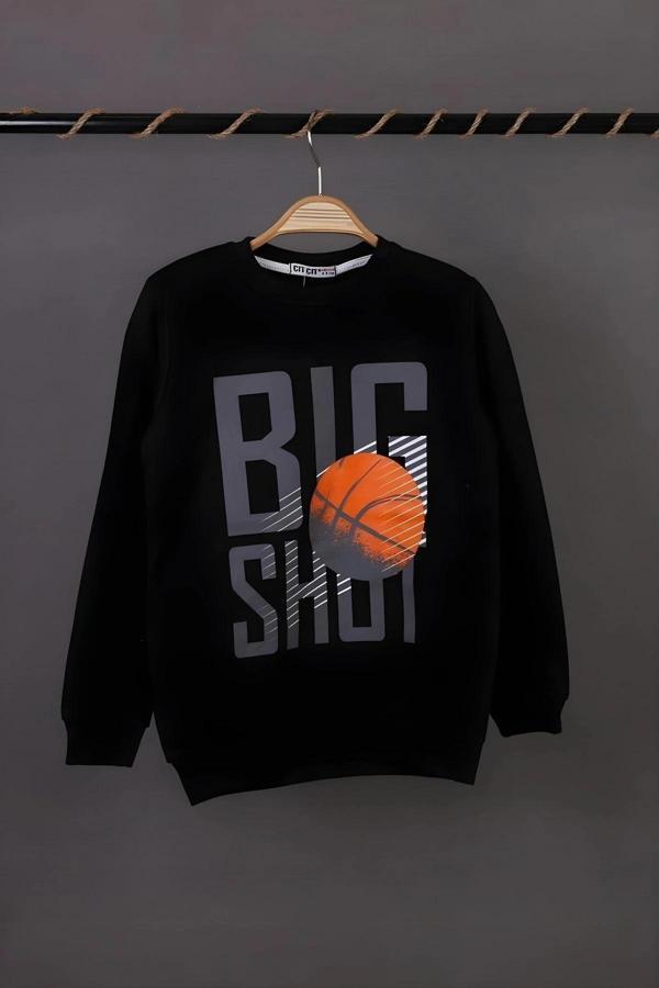 Erkek Çocuk Bisiklet Yaka Siyah Renk Big Shot Basketbol Baskılı 3 İplik Şardonsuz Basic Sweatshirt - Image 1