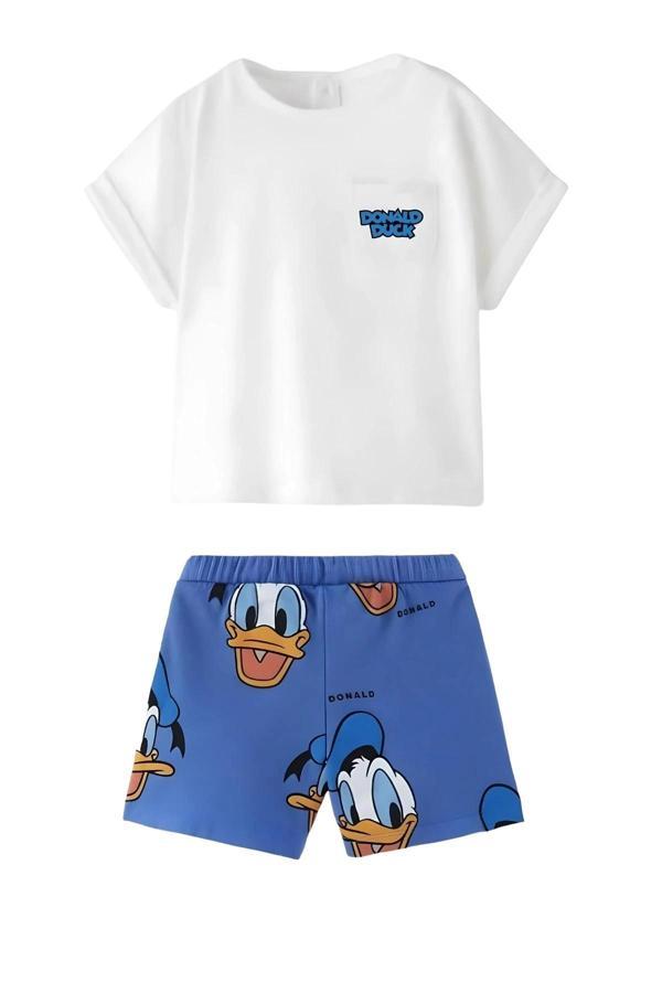 Unisex Bebek & Çocuk Donald Duck Baskılı Pamuklu Bisiklet Yaka Beyaz T-shirt ve Şort Alt Üst Takım - Image 1