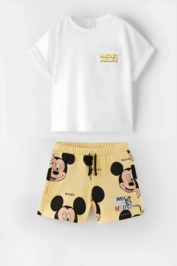 Unisex Bebek & Çocuk Mickey Mouse Baskılı Pamuklu Bisiklet Yaka Beyaz T-shirt ve Şort Alt Üst Takım - Image 1