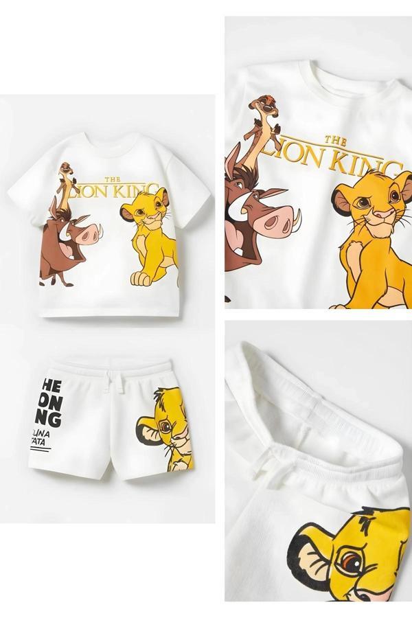 Unisex Çocuk Aslan Lion King Baskılı Pamuklu Bisiklet Yaka Beyaz T-shirt ve Şort Alt Üst Takım - Image 1