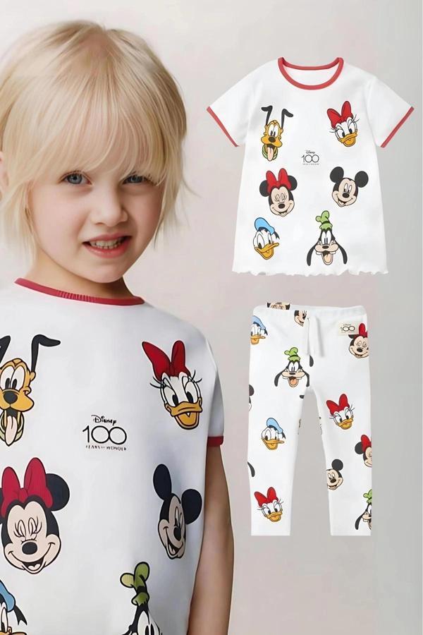 Kız Çocuk Disney 100. Yıl Baskılı Pamuklu Bisiklet Yaka Fitilli Kumaş T-shirt ve Tayt Alt Üst Takım - Image 1