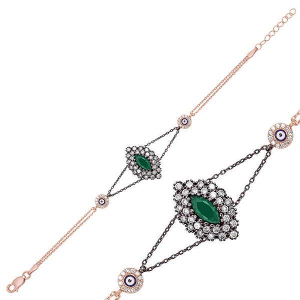 BlackCraft 925 Ayar Gümüş Rose Mat Yeşil Taşlı Otantik Bileklik (BC-4DBDBF) - Image 1