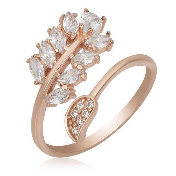 BlackCraft Gümüş Rose Ayarlanabilir Beyaz Taşlı Yaprak Kadın Yüzük (BC-60D100) - Image 1