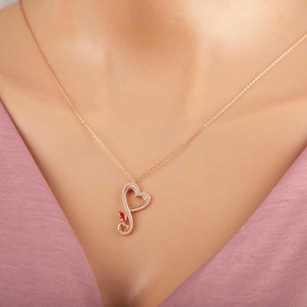 BlackCraft Gümüş Rose Kalpli Kelebek Kadın Kolye (BC-49148A) - Image 1