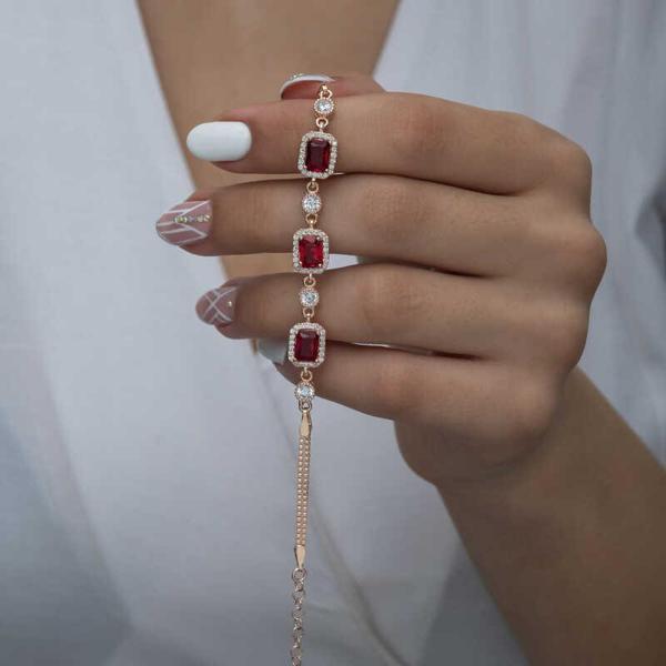 BlackCraft 925 Ayar Gümüş Rose Baget Kırmızı Taşlı Kadın Bileklik (BC-A49F48) - Image 1