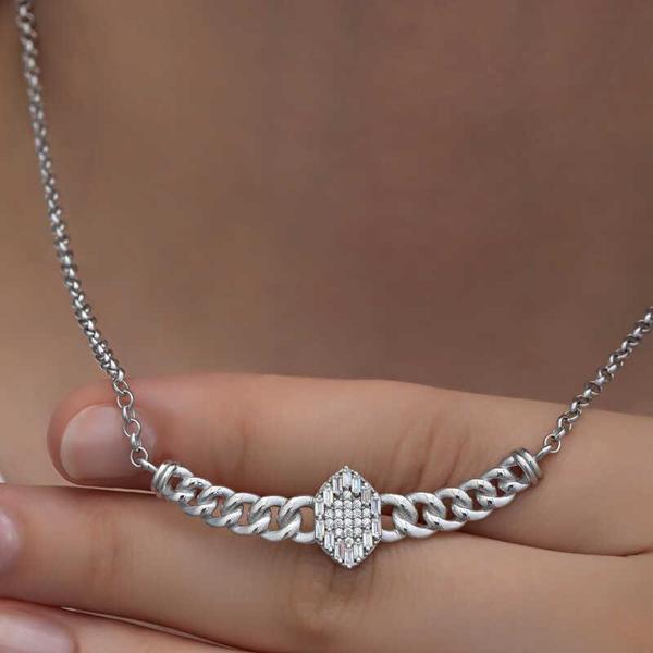 BlackCraft Gümüş Gurmet Zincirli Baget Taşlı Kadın Kolye (BC-361C8B) - Image 1