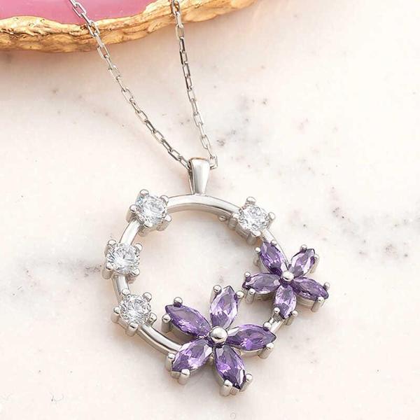 BlackCraft 925 Ayar Gümüş Mor Çiçek Kadın Kolye (BC-EC0D73) - Image 1