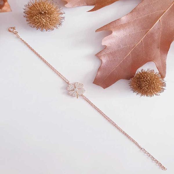 BlackCraft 925 Ayar Gümüş Rose Kalpli Yonca Kadın Bileklik (BC-3DDD7B) - Image 1