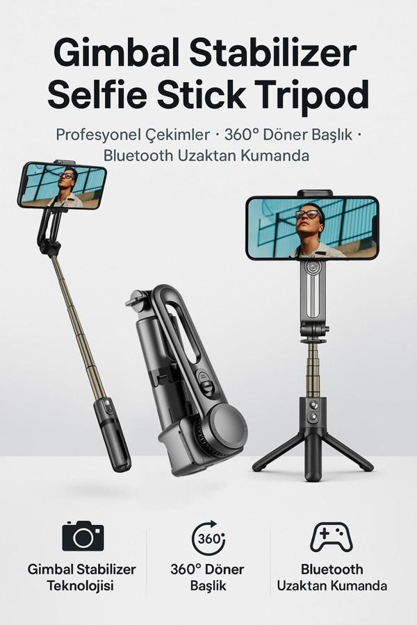 Coverzone Gimbal Tripod - Titreşim Önleyici, 360° Döner, Bluetooth Kumanda, Video Fotoğraf İçin L18 Mini - Image 1
