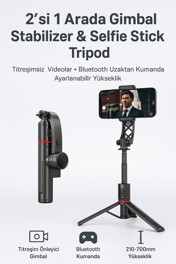Coverzone Gimbal Selfie Stick Tripod - 2’Si 1 Arada, 700Mm Ayarlı, Titreşim Önleyici, Katlanabilir | L19 - Image 1