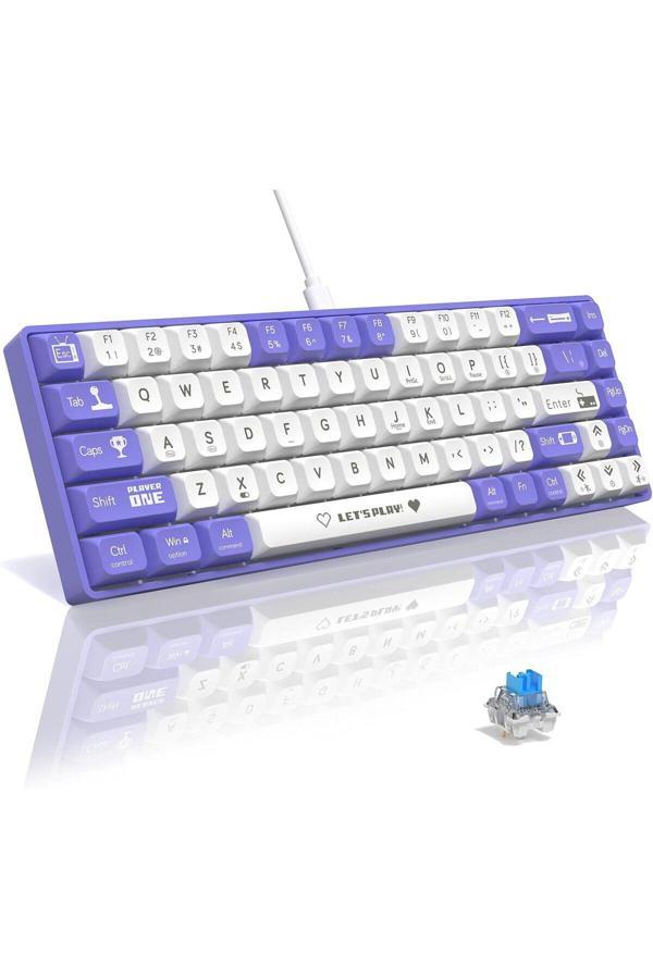 Coverzone Ajazz Ak680 65% Kablolu Hotswap Mekanik Oyun Klavyesi, 68 Tuşlu Anti-Ghosting Mor Beyaz, Blue Switch - Image 1