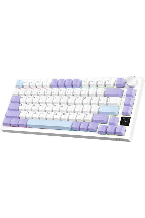 Coverzone Ajazz Ak820 Pro Mekanik Rgb Oyun Klavyesi,3 Modlu Tft Renkli Ekran Cnc Düğmeli 81 Tuş Mor Beyaz - Image 1