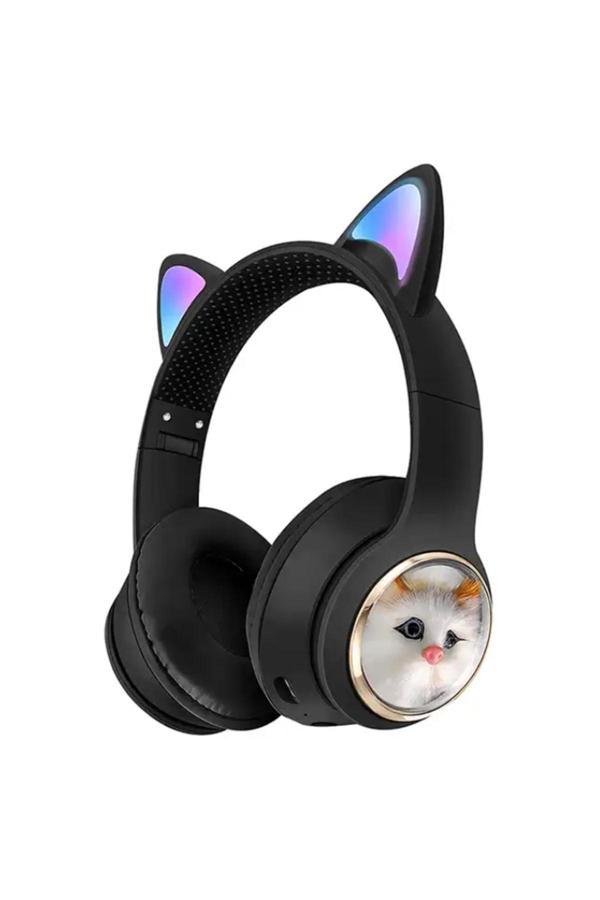Coverzone Bluetooth Kulaklık Peluş Kedi Tasarımlı Kablosuz Kulak Üstü Kulaklık Kulakları Işıklı - Image 1