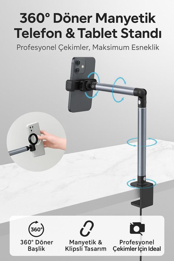 Coverzone Manyetik Masaüstü Stand - 2’Si 1 Arada, 360° Ayarlı, Klipsli, Sağlam, Telefon & Tablet İçin Eh-311 - Image 1