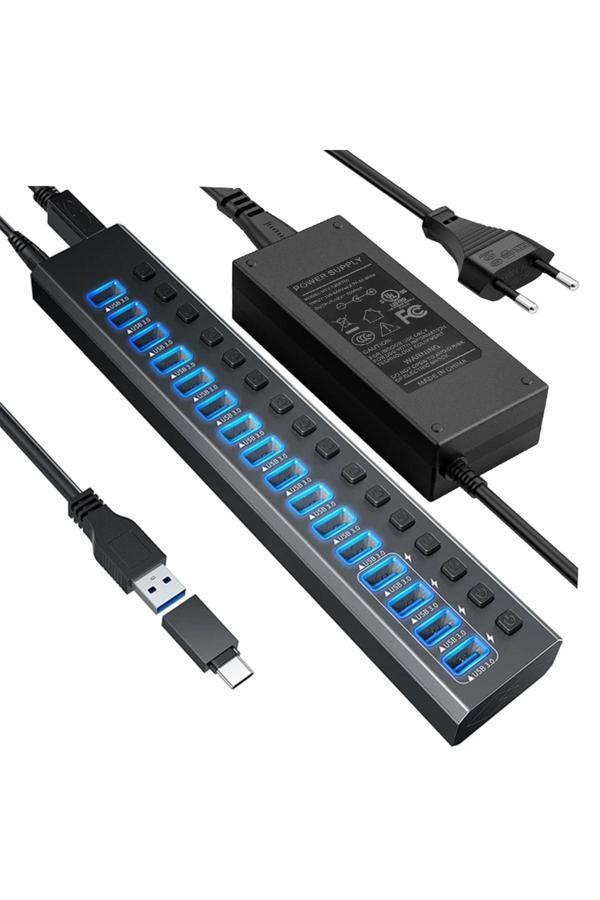 Coverzone Profesyonel Usb 3.0 Hub 16 Port 5Gbps Anahtarlı Güç Adaptörlü Şarj Bilgisayar Hdd Flash - Image 1