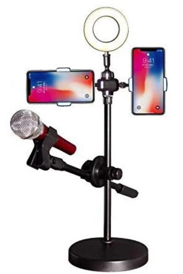 Coverzone Profesyonel Masaüstü Telefon Tutuculu Mikrofon Standı Selfie Işığı 4 In 1 - Image 1