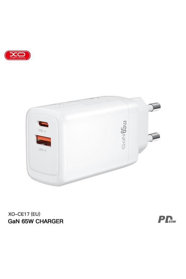 Xo Ce17 Çoklu Hızlı Şarj Adaptörü,Gan,2 Cihaza Kadar Şarj,1 Type-C 1 Usb-A,65W Max Power,Akım Korumalı - Image 1