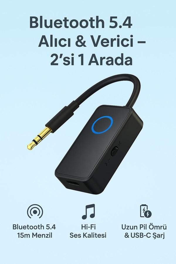Coverzone Kablosuz Ses Adaptörü Bluetooth 5.4, Aux 3.5Mm, 2’Si 1 Arada, Araç & Ev Hoparlör Uyumlu - M30 - Image 1
