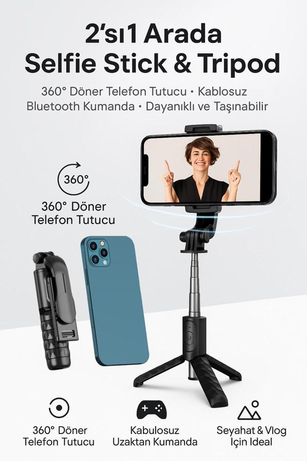 Coverzone Magic Snapshot Selfie Stick - 2’Si 1 Arada, Paslanmaz Çelik, Katlanabilir, 360° Döner Tripod Q11 - Image 1