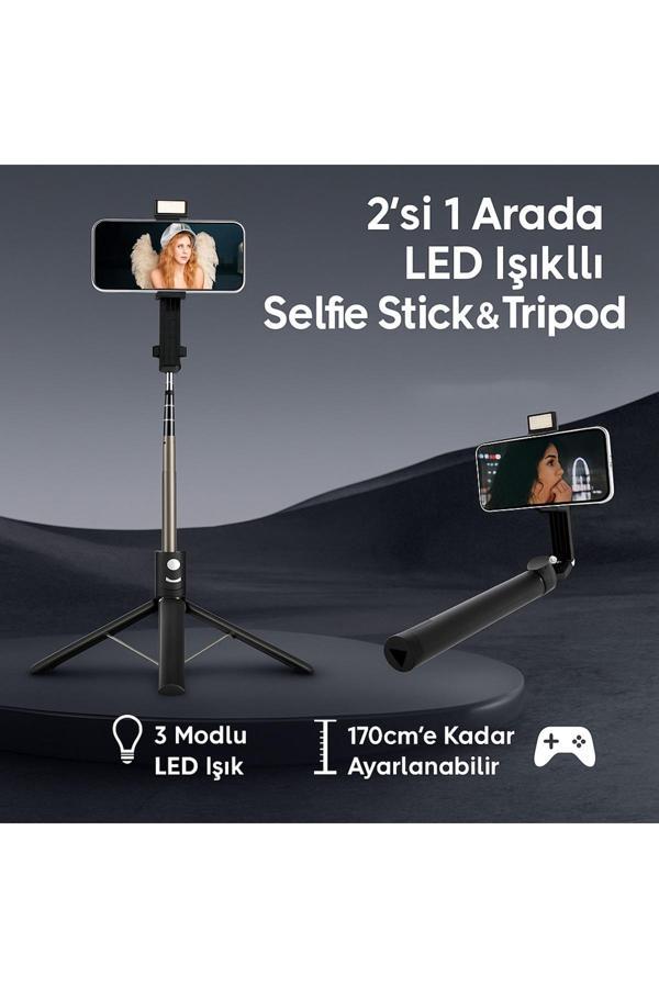 Coverzone 2İn1 Selfie Stick Tripod 170Cm Uzatılabilir, Bluetooth Kumanda, 3 Modlu Led Işık, Type-C | Np-01S - Image 1
