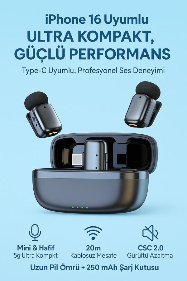 Coverzone Type-C Kablosuz Yaka Mikrofonu 20M Menzil, Gürültü Azaltma, Şarj Kutulu - Mini Mic S - Image 1