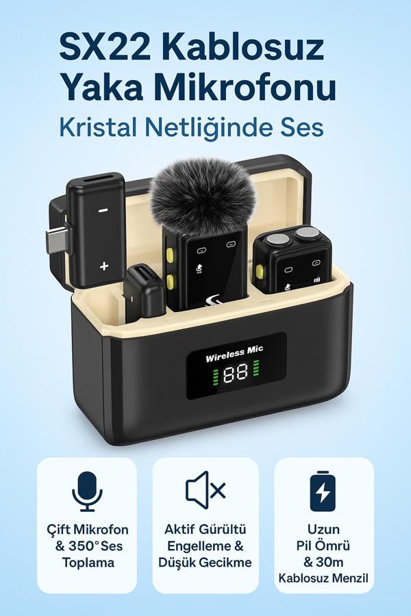 Coverzone Kablosuz Yaka Mikrofonu Bt 5.2, Çift Mikrofon, 2.4Ghz, 360° Ses Toplama, Şarj Kutulu Sx22 - Image 1