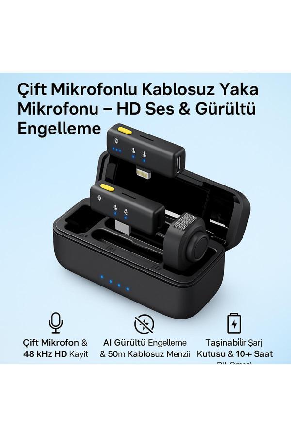 Coverzone Kablosuz Yaka Mikrofonu D07 - Çiftli, 48Khz Hd Ses, Aı Gürültü Engelleme, 50M Çekim, Şarj Kutusu - Image 1