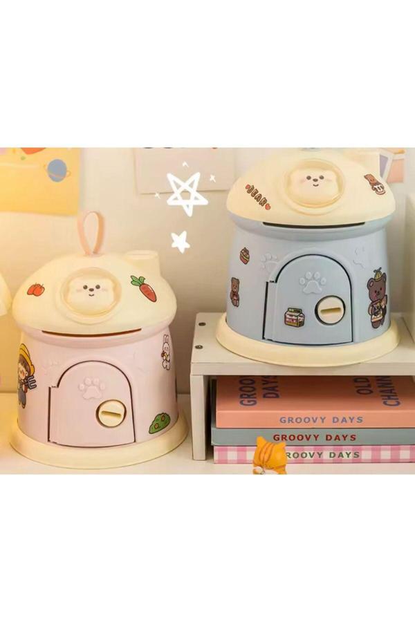 Coverzone Pofuduk Ayıcık Tasarımlı Metal Ve Kağıt Para Kumbarası Dekoratif Hediyelik Çocuk Odası Süsü Mavi - Image 1