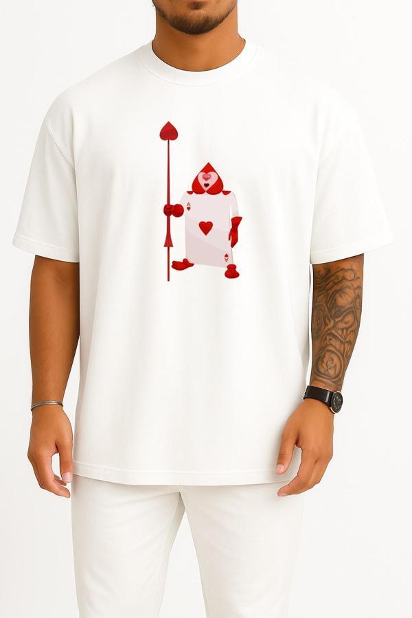 Oversize Alice Harikalar Diyarında Kalp Kartı Ace Göğüs Tasarımlı Unisex T-Shirt - Image 1