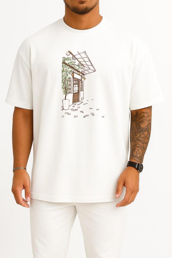 Oversize Kahverengi Ahşap Kapı İllüstrasyon Göğüs Tasarımlı Unisex T-Shirt - Image 1