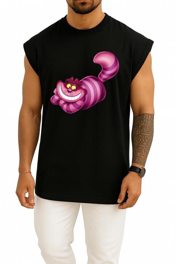 Oversize Alice Harikalar Diyarında Cheshire İllüstrasyon Göğüs Tasarımlı Atlet - Image 1