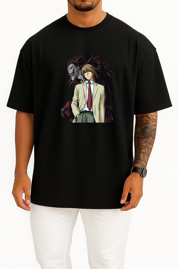 Oversize Light Yagami Ryuk Death Note Anime Göğüs Tasarımlı Unisex T-Shirt - Image 1