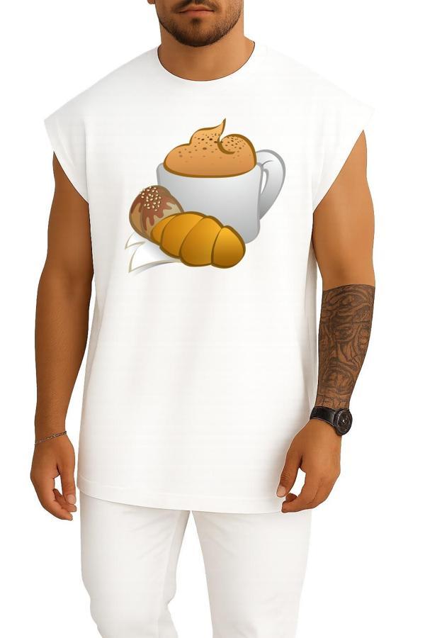 Oversize Kahve Croissant Kahvaltı Göğüs Tasarımlı Atlet - Image 1