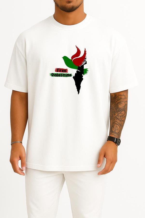 Oversize Free Palestine Göğüs ve Sırt Tasarımlı Unisex T-Shirt - Image 1