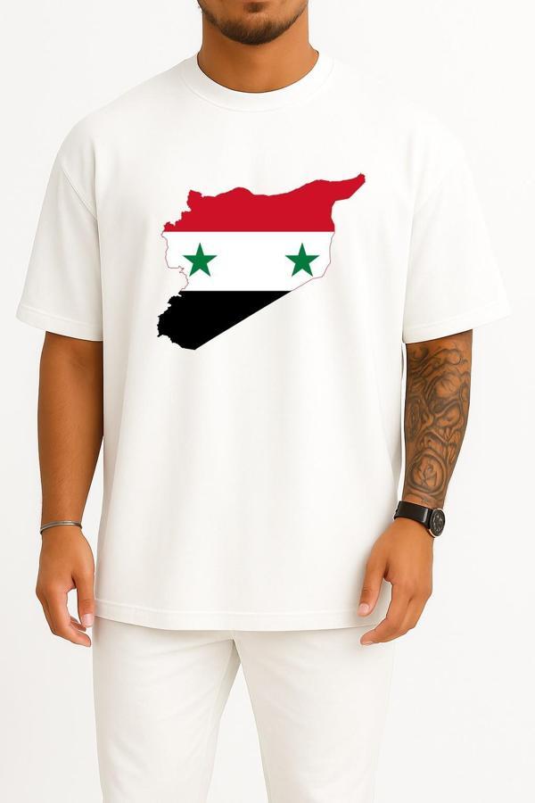 Oversize Suriye Bayrağı Haritası Göğüs Tasarımlı Unisex T-Shirt - Image 1