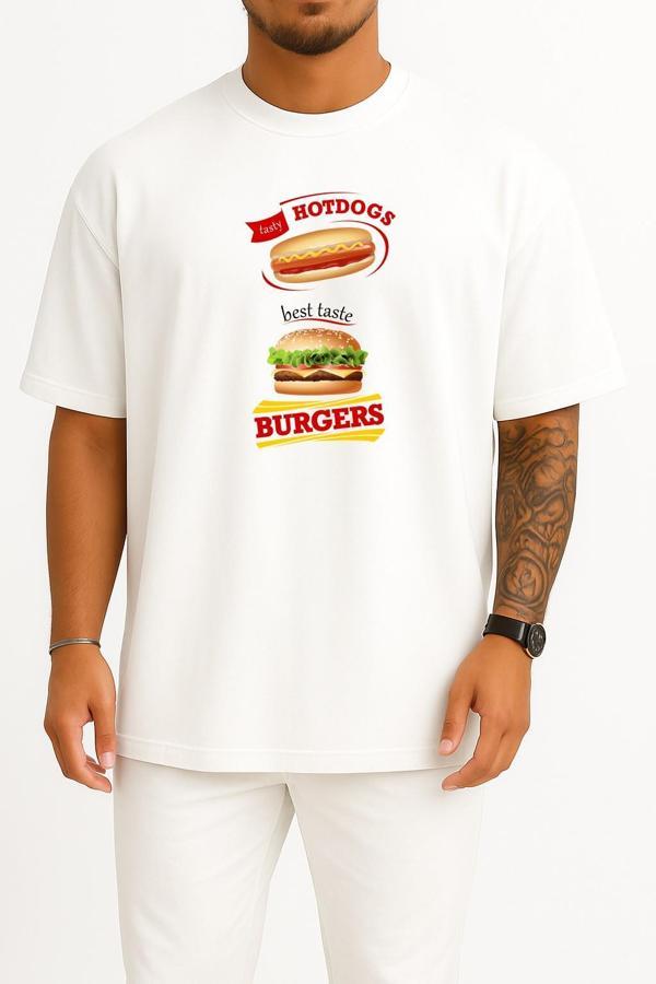 Oversize Sosisli Ve Hamburger İllüstrasyon, Hamburger Fast Food Göğüs Tasarımlı Unisex T-Shirt - Image 1