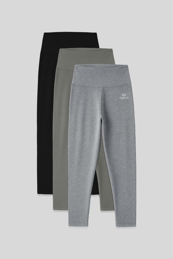 Slim Fit 3lü Paket Siyah-Çağla-Gri Melanj Kadın Kapri Tayt - 93097 - Image 1