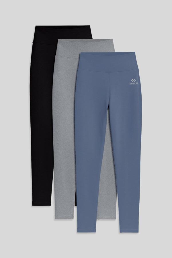 Slim Fit 3lü Paket Siyah-Gri Melanj-Petrol Kadın Tayt - 94011 - Image 1