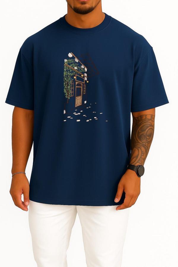 Oversize Kahverengi Ahşap Kapı İllüstrasyon Göğüs Tasarımlı Unisex T-Shirt - Image 1