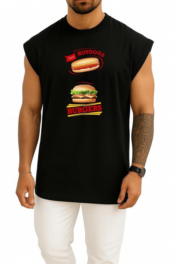 Oversize Sosisli Ve Hamburger İllüstrasyon, Hamburger Fast Food Göğüs Tasarımlı Atlet - Image 1