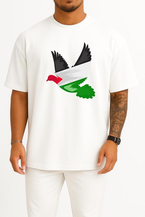 Oversize Barış Güvercini Filistin Göğüs ve Sırt Tasarımlı Unisex T-Shirt - Image 1
