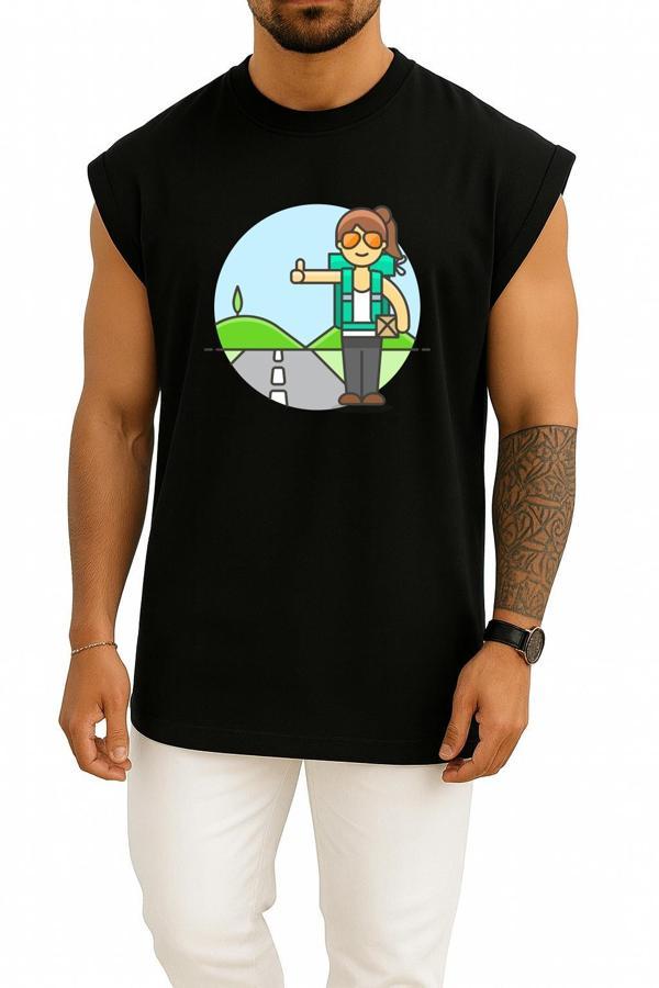 Oversize Otostop Gezgin Kadın - Traveller Göğüs Tasarımlı Atlet - Image 1