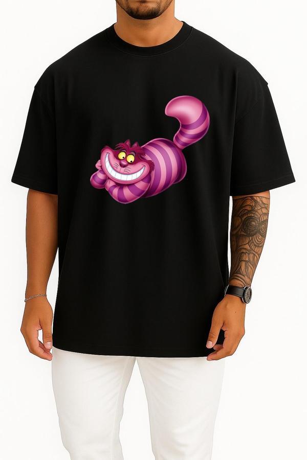 Oversize Alice Harikalar Diyarında Cheshire İllüstrasyon Göğüs Tasarımlı Unisex T-Shirt - Image 1