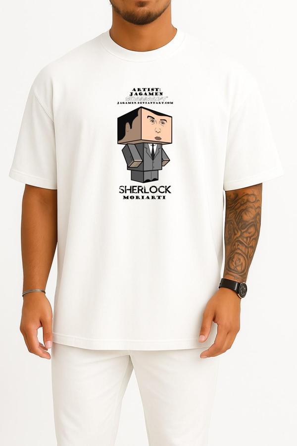 Oversize Sherlock Holmes Arthur Conan Doyle Illustration Göğüs Tasarımlı Unisex T-Shirt - Image 1