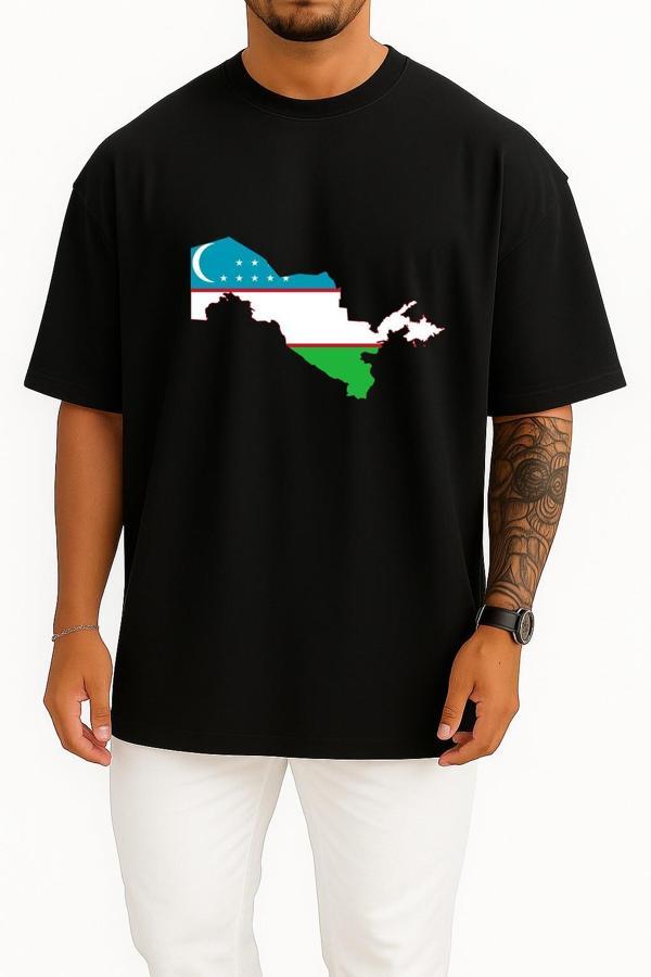 Oversize Flag Of Uzbekistan Özbekistan Haritası Göğüs Tasarımlı Unisex T-Shirt - Image 1