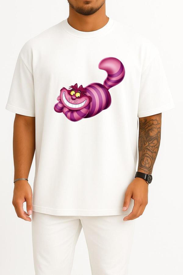 Oversize Alice Harikalar Diyarında Cheshire İllüstrasyon Göğüs Tasarımlı Unisex T-Shirt - Image 1